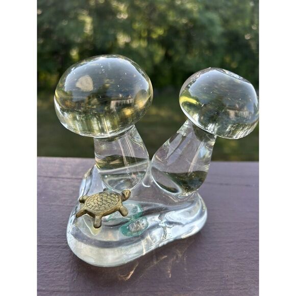 Vintage Double Mushroom Heavy Paperweight,  Clear Glass And Turtle Statute - Picture 1 of 7